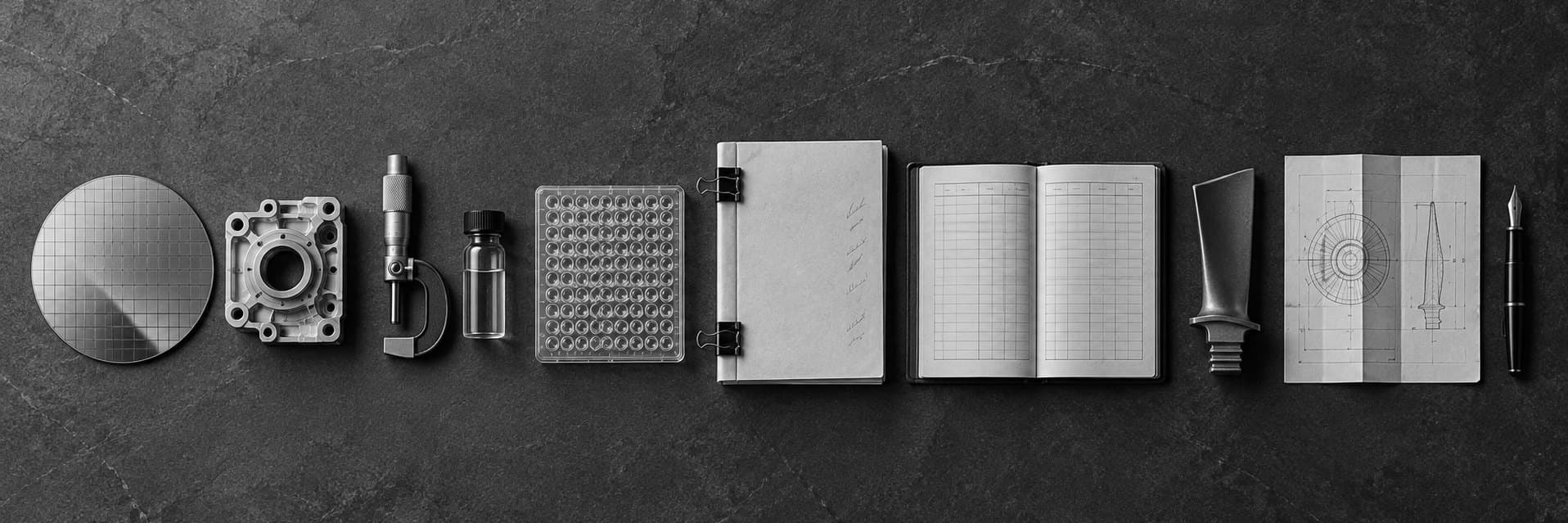 Tools and records from many industries laid out in a row: a silicon wafer, a machined part, a micrometer, a sample vial, a lab plate, a bound contract, a ledger, a turbine blade, an engineering drawing and a pen.