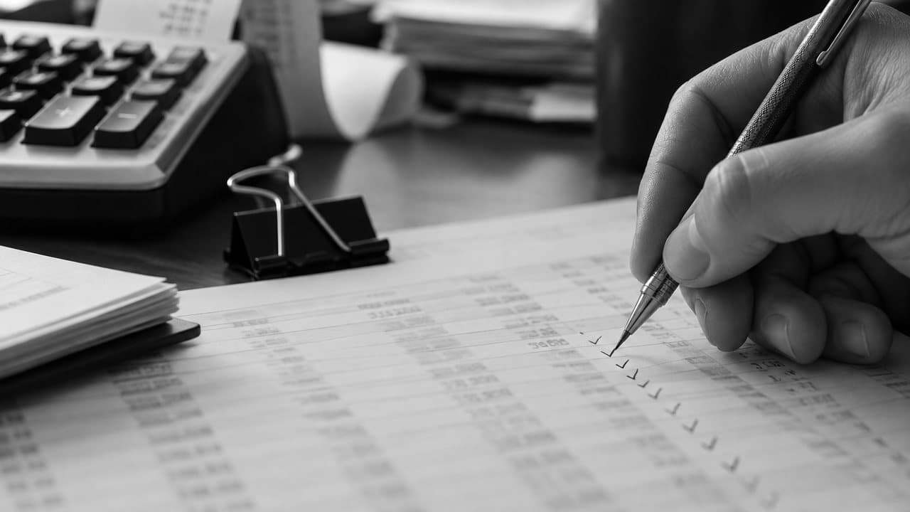 A reviewer making pencil tick marks down a printed workpaper beside a printing calculator