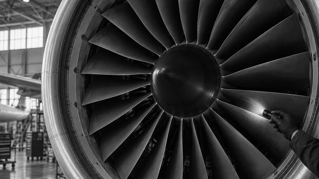 A technician inspecting the fan blades of a jet engine in a hangar