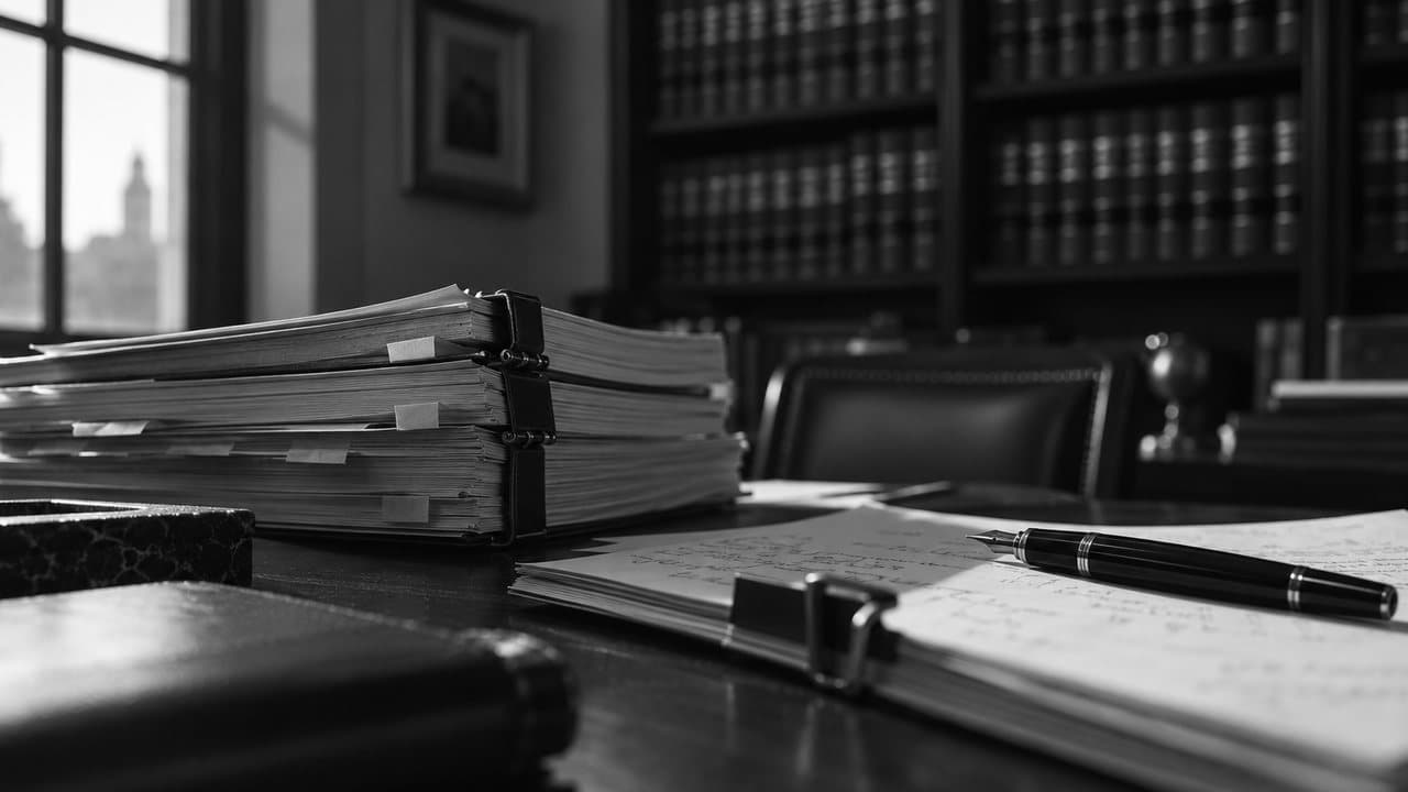 Bound case files and a marked-up contract on a lawyer's desk, law books behind