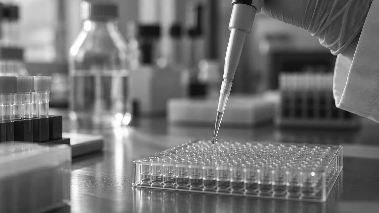 A gloved hand pipetting a single drop into a 96-well plate
