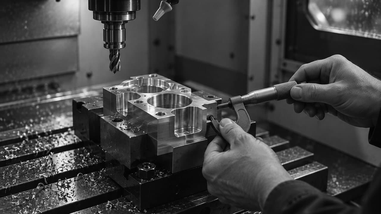 A machinist measuring a freshly milled aluminum part with a micrometer