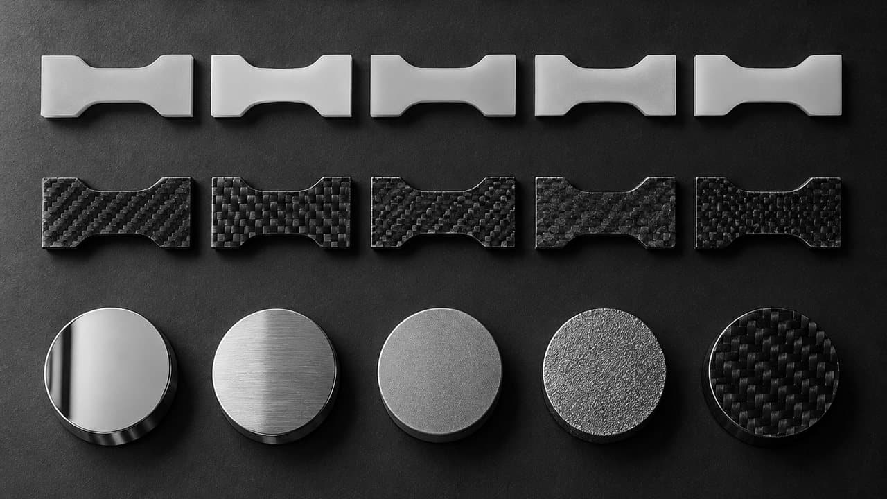 Polymer and carbon-fiber test specimens and polished sample pucks laid out in rows